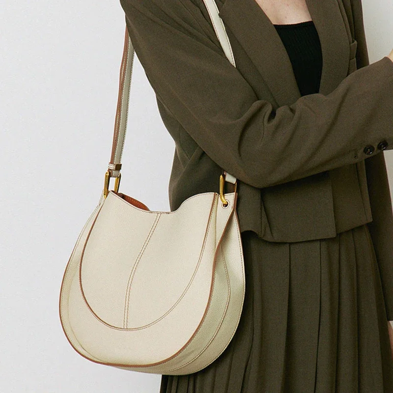 Luxury Cowhide Crossbody Adjustable Shoulder Bag with Inner Purse,Stitching Topstitching Design Genuine Leather Women Saddle Bag