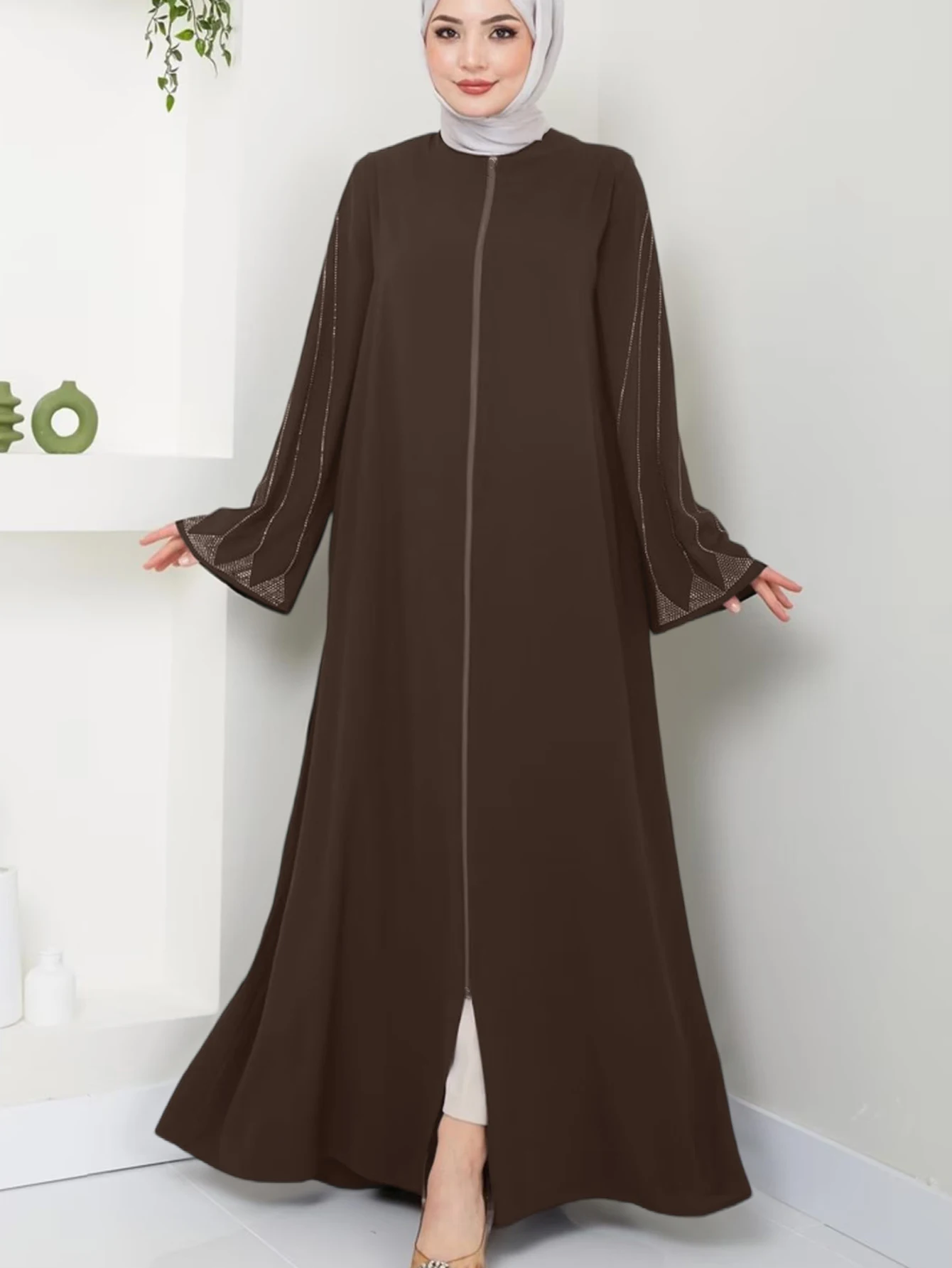 Muslim Fashion Women\'s Hot Diamond Long Sleeve Loose Coffee Style Elegant Dress