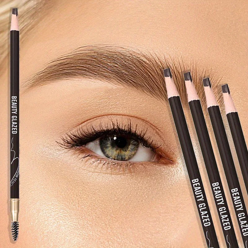 2024 BEAUTY GLAZEDดินสอเขียนคิ้วพร้อมแปรงดินสอเขียนคิ้วกันน้ํา 4 สีสูตรยาวนานDouble HEADดินสอเขียนคิ้ว
