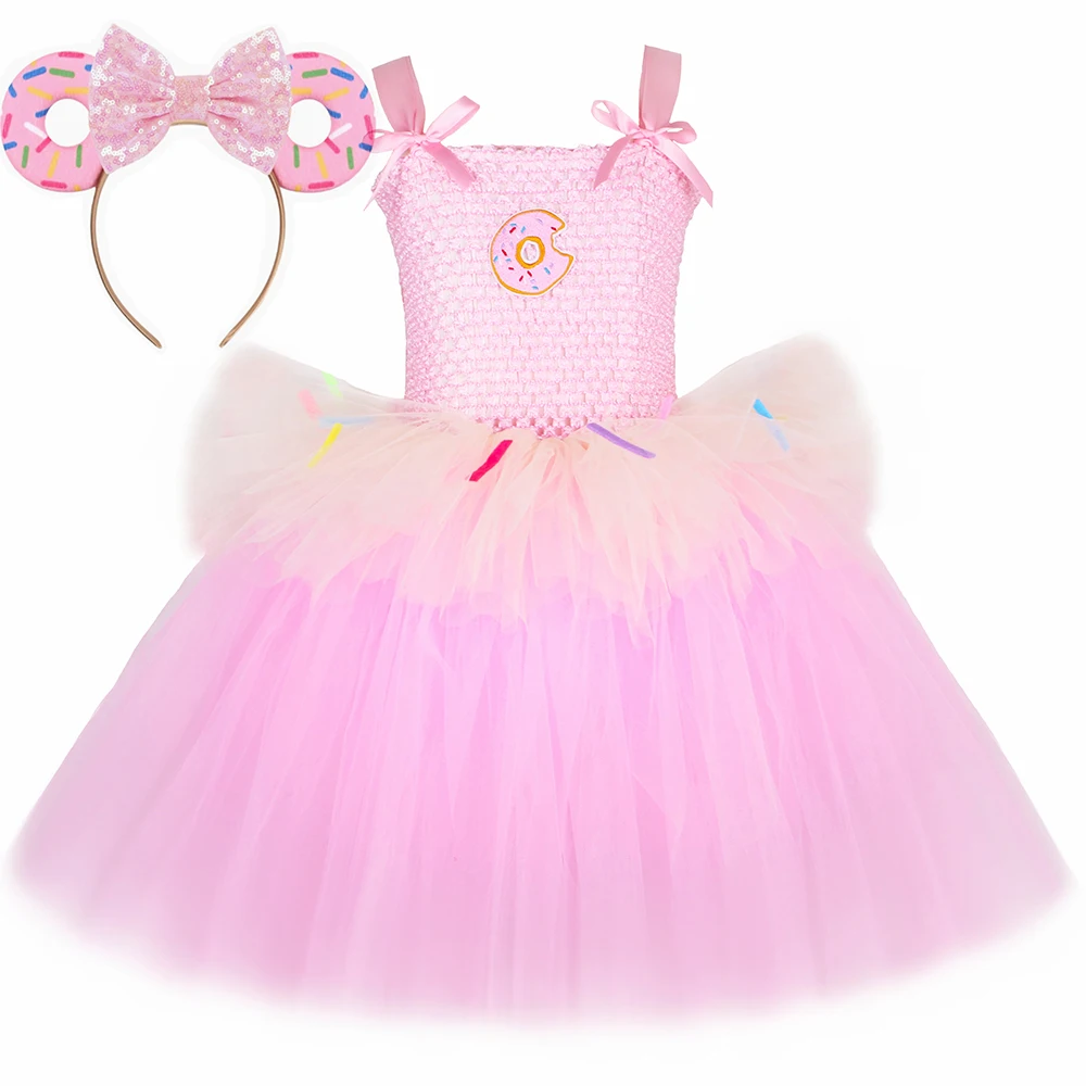 Donut Costume for Kids Pink Chocolate Doughnut Tutu Dress Cute Toddler Girls Birthday Party Halloween Princess Dress Up Clothes