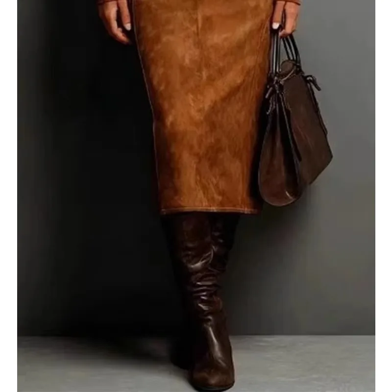 Women Autumn Winter Suede Turtleneck Long Sleeve Midi Dress European American Style Elegant Bodycon Dress Party Clubwear New
