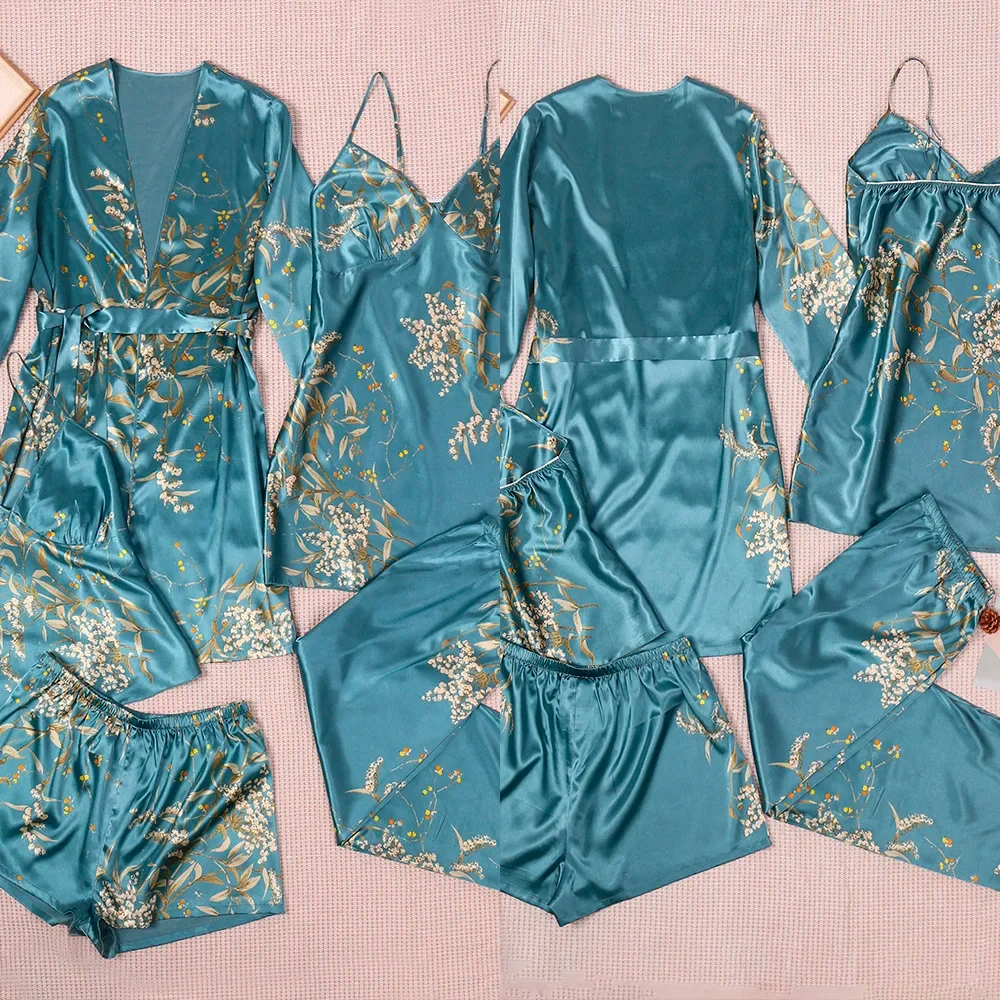 

5 шт. пижамный комплект с принтом, топ на бретельках, брюки, женская одежда для сна, сексуальная ночная рубашка на тонких бретельках, свободная домашняя одежда для женщин