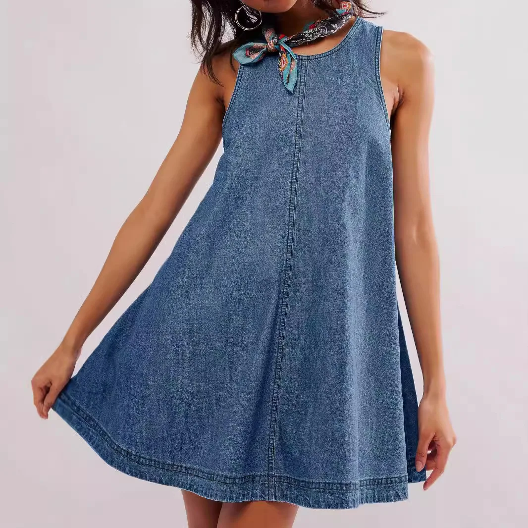Denim Dress Women Mid Length Dresses Sleeveless Round Neck Hollow Out Y2k Streetwear Temperament A Line Casual Vestidos 2025