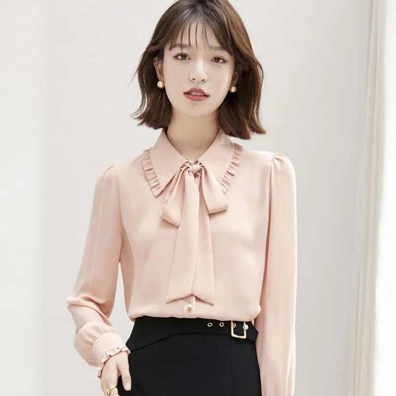 قمصان نسائية طويلة الأكمام منقوشة كبيرة الحجم بأزرار سفلية وياقة بقصة ضيقة صينية عصرية أنيقة للمكتب والربيع