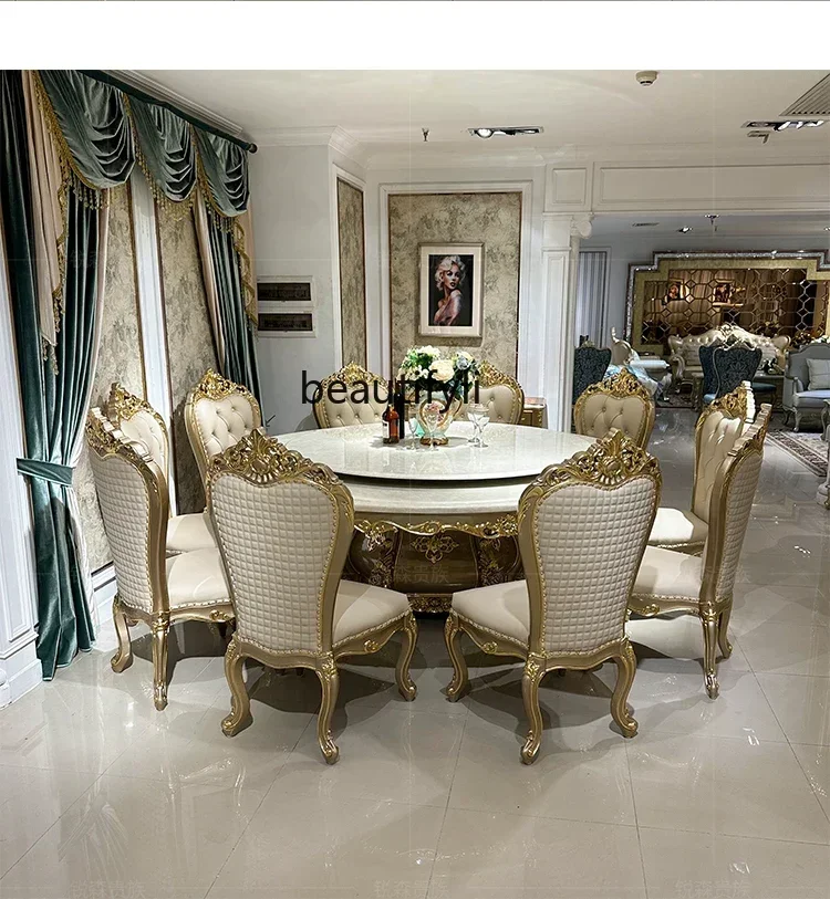 French Marble Dining Table And Chair Combination, European Luxury Round Dining Table With Electric Turntable