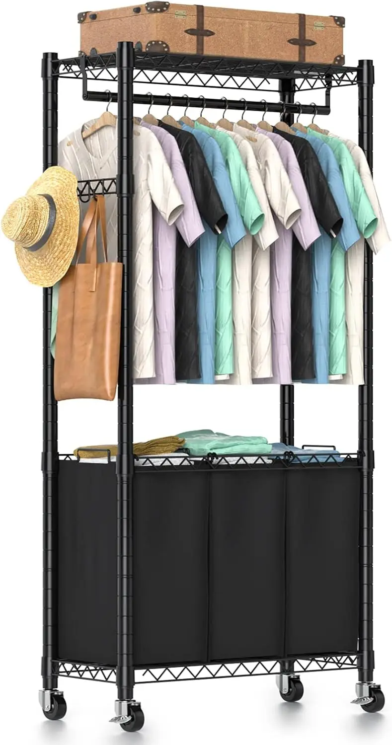 Rolling Laundry Basket Organizer with Wheels and Hanging Bar, Laundry Hamper Cart Laundry Sorter 3 Section, Dirty Clothes