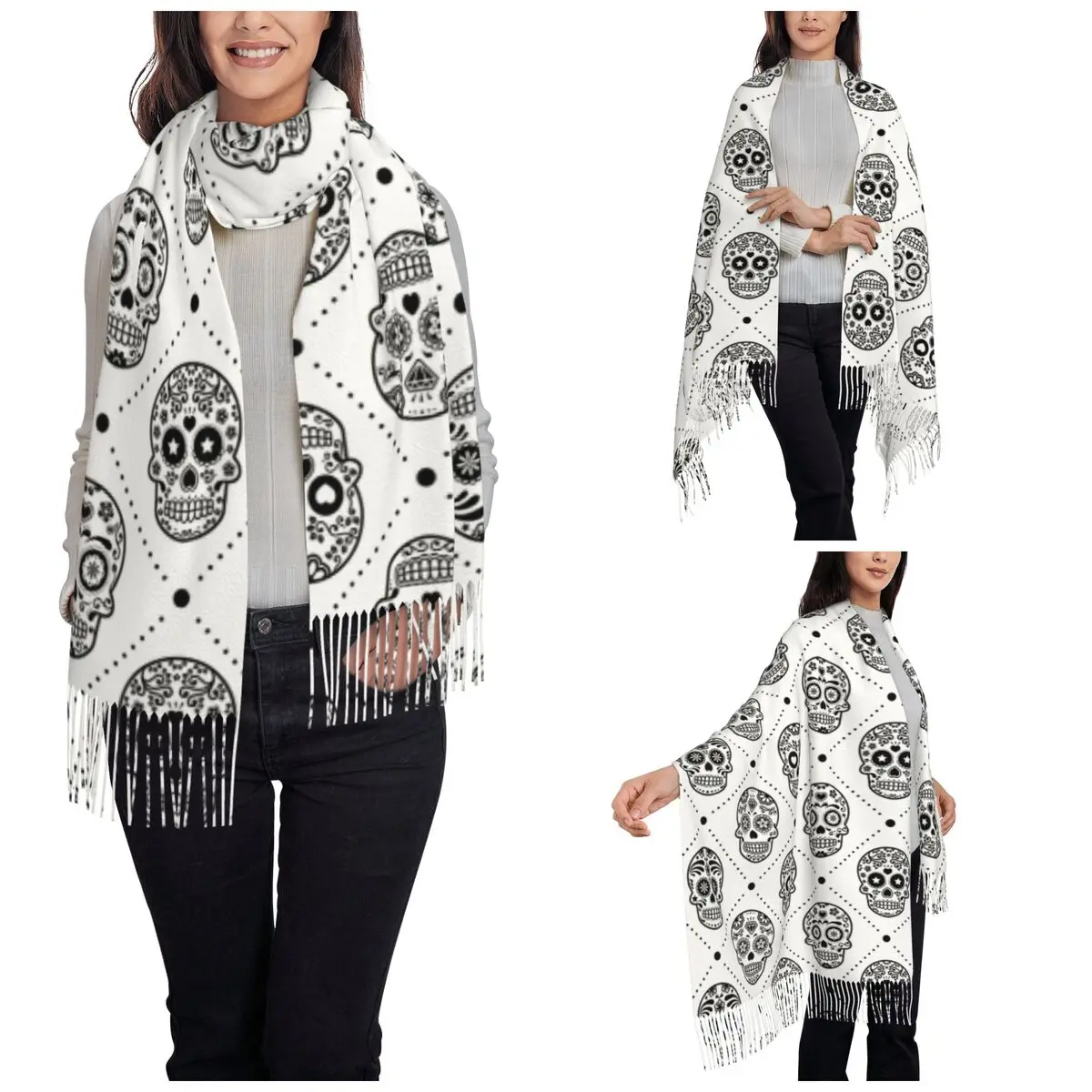 Womens Tassel Scarf Sugar Skull Day Of The Dead Large Winter Fall Shawl Wrap Halloween Mexican Gifts Cashmere Scarf