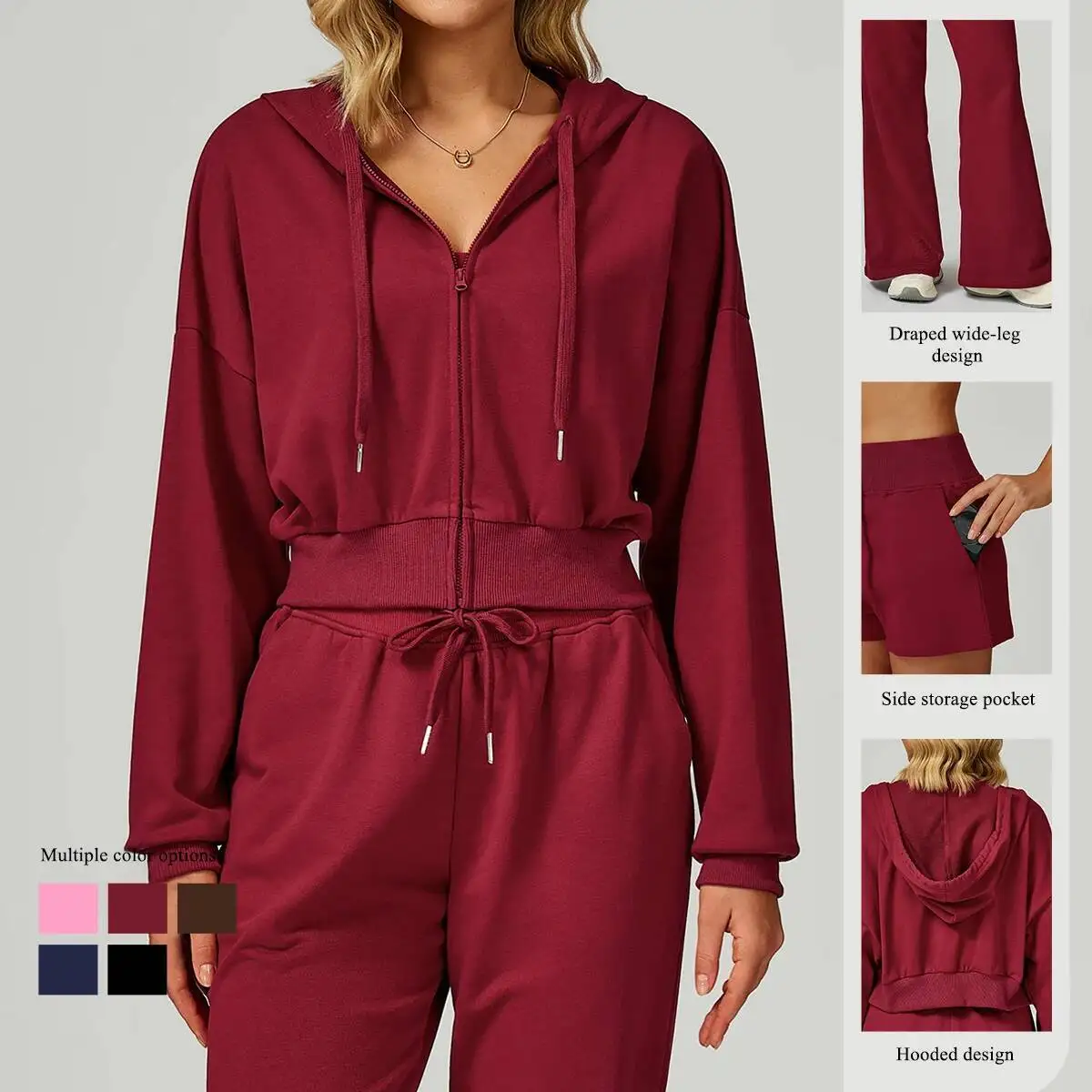 

Pcs Set Women Autumn Winter Zippered Hooded Sweatshirts Loose Fit Drawstring Straight Leg Sweatpants Gym Sportswear