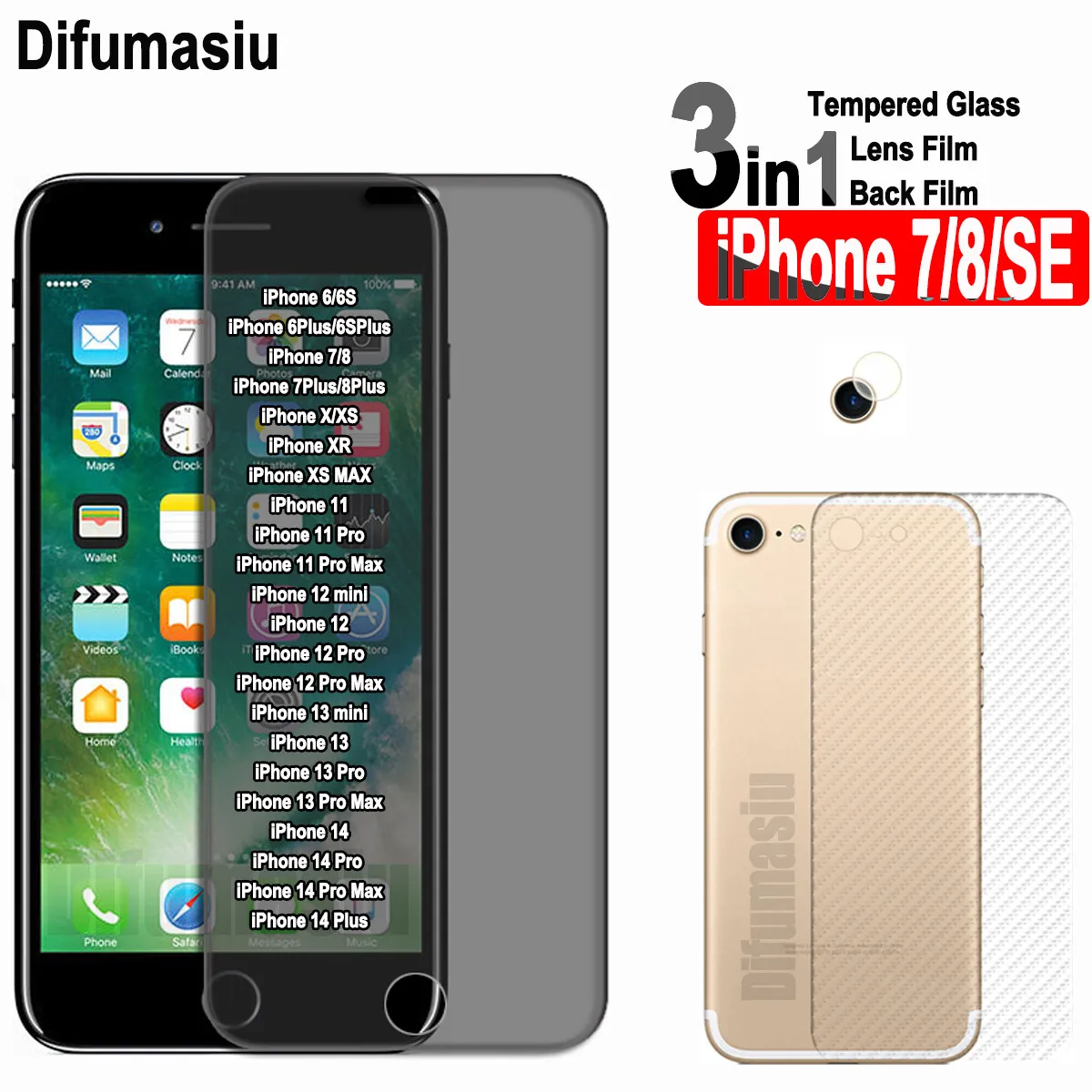 3in1 For Apple iPhone 7 8 Privacy Anti Peeping Tempered Glass iPhone 7Plus 6SPlus 8Plus iPhone 11 12 13 14 Pro Max XR XS MAX Scr