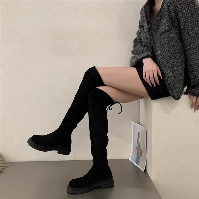 

Korean Women's 2025 New Autumn Winter Over The Knee Boots Petite Slim Figure Flattering Cavalier Style Slender Boots Low Heel