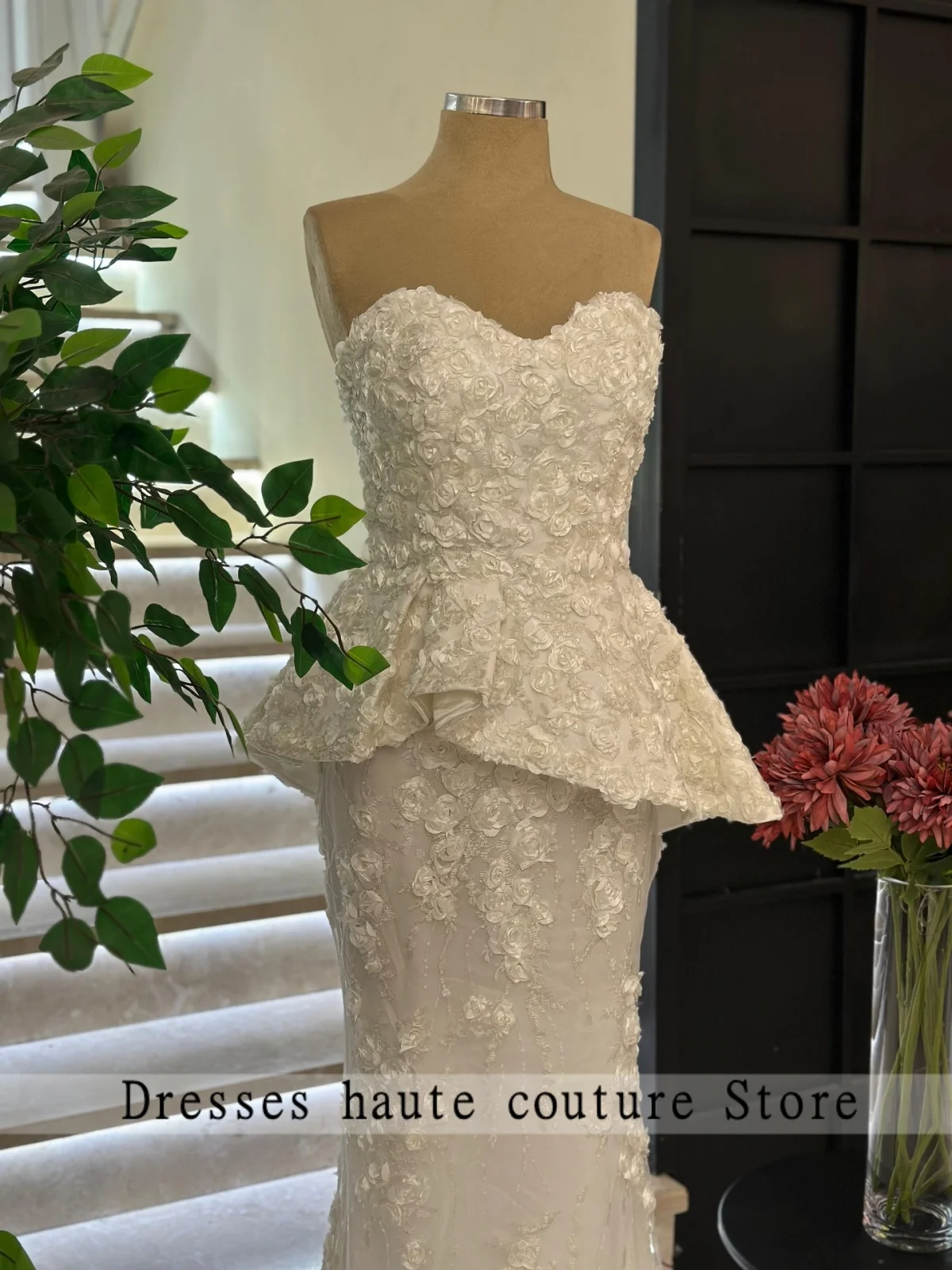 White Aso Ebi 3D Flower Evening Dresses 2025 Strapless Mermaid Wedding Party Gowns Prom Dress Vestido De Noiva Customizde