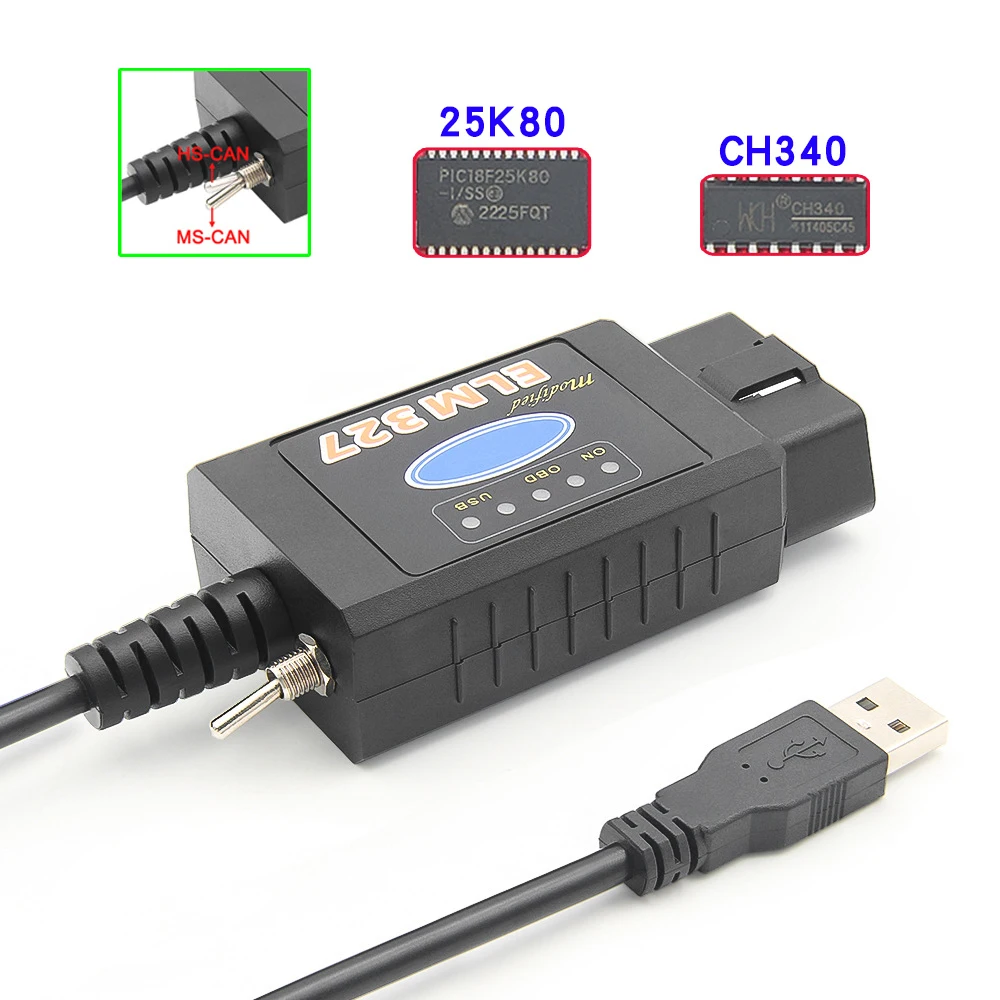 

ELM327 USB V1.5 с переключателем CH340T 25K80 чип модифицированный для Ford Forscan FoCCCus HS CAN и MS CAN автомобильный диагностический инструмент OBD2