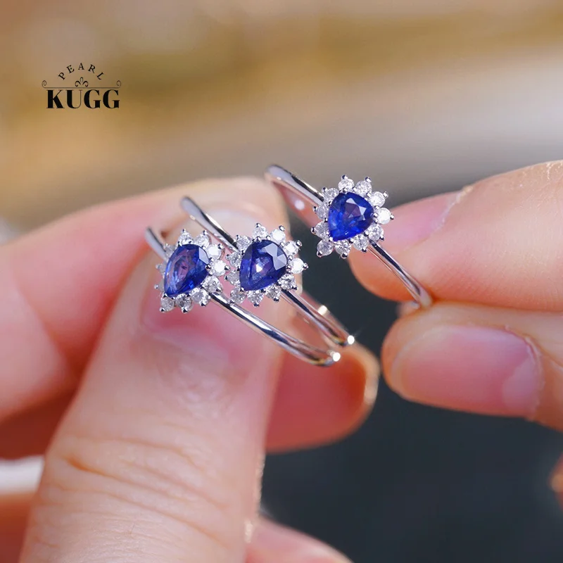 

KUGG 100% 18K White Gold Rings Romantic Flower Design Real Natural Diamond Natural Sapphire Ring for Women High Wedding Jewelry