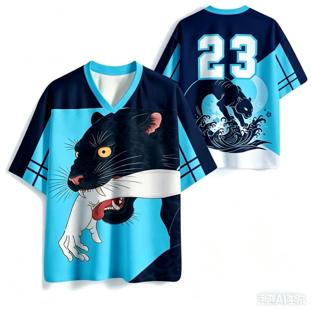 Ukiyo-e Panther 3D Print Comfort Breath Quick-Dry Men Women V-neckT-Shirt  Summer Outdoor Sport Y2K Style Parent-Child Clothing