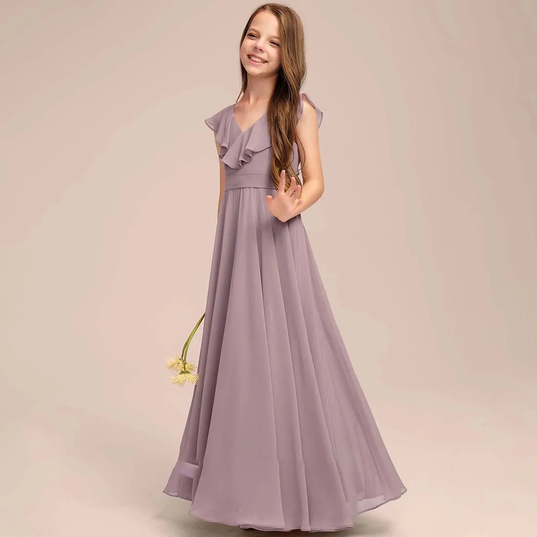 YZYmanualroom Chiffon Junior Bridesmaid Dress With Cascading Ruffles A-line V-Neck Floor-Length 2-15T