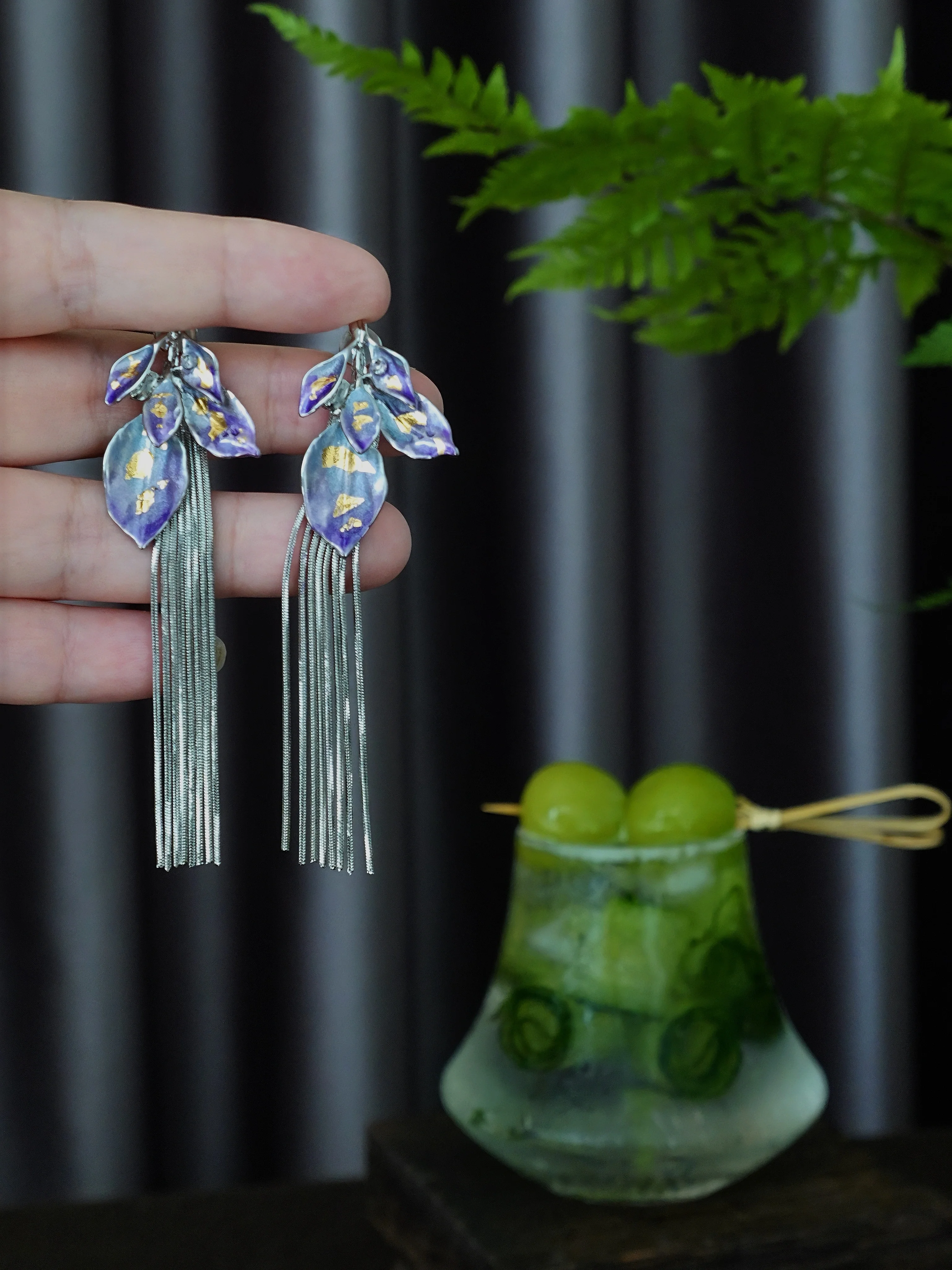 

Wholesale 925 Silver Monet's Water Lilies Tassel Earrings Purple Enamel Chunky Statement Floral Ear Stud Monet Painting Jewelry