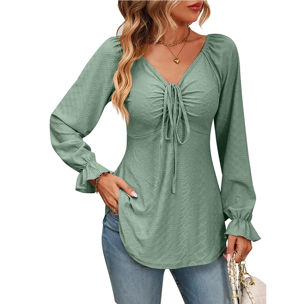 Mode Vrouwen Blouses Sexy Bandage V-hals Trekkoord Taille Effen Kleur Lange Mouwen Dame Elegante Lente Tuniek Tops