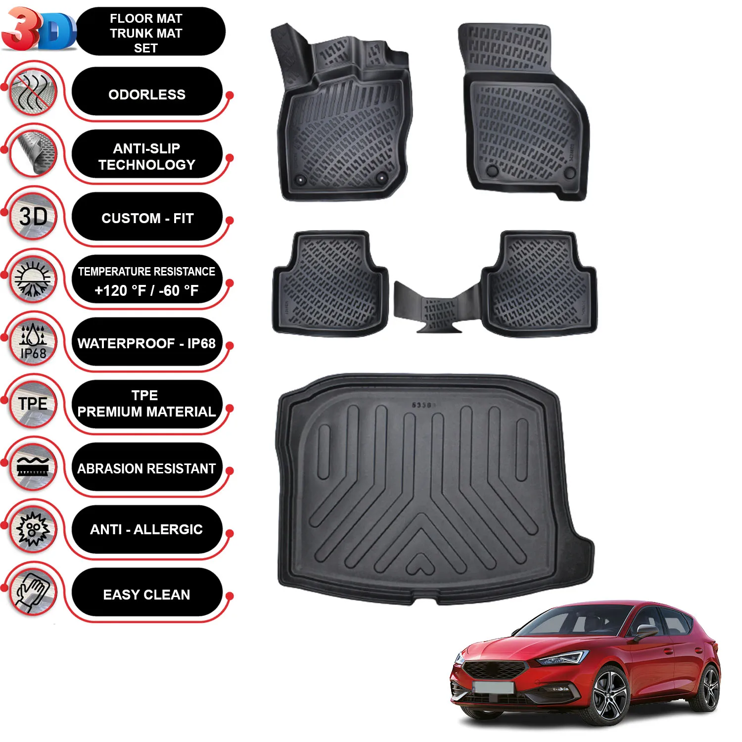 Seat Leon Automatic - (2020-2022) - Floor Mats + Cargo Trunk Liner - SET - (Black)