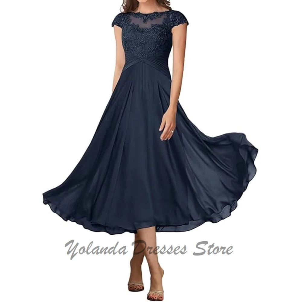 

Classic Chiffon Mother of The Bride Dresses Short Sleeves Appliques Scoop Neck Mother Bride Dresses for Wedding Formal Gown