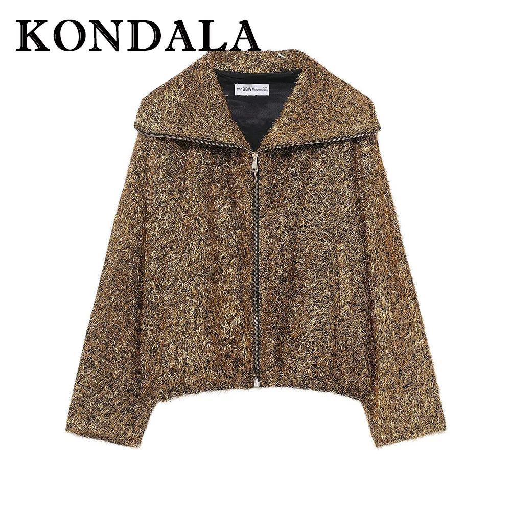 

KONDALA винтажная элегантная блестящая уличная одежда для вечеринок с отложным воротником, женские куртки-пилоты, модная осенняя женская верхняя одежда 2023 г.