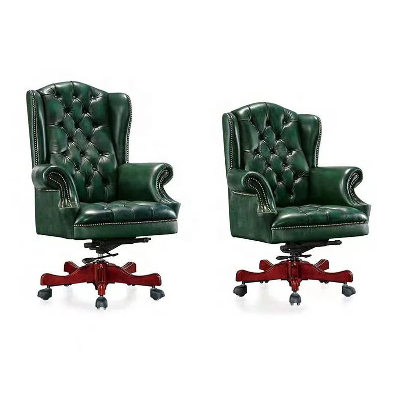 Vintage Leather Office Chair Luxury Wooden Base Swivel & Lift Executive Chair Tufted Button Back Lounge Chair