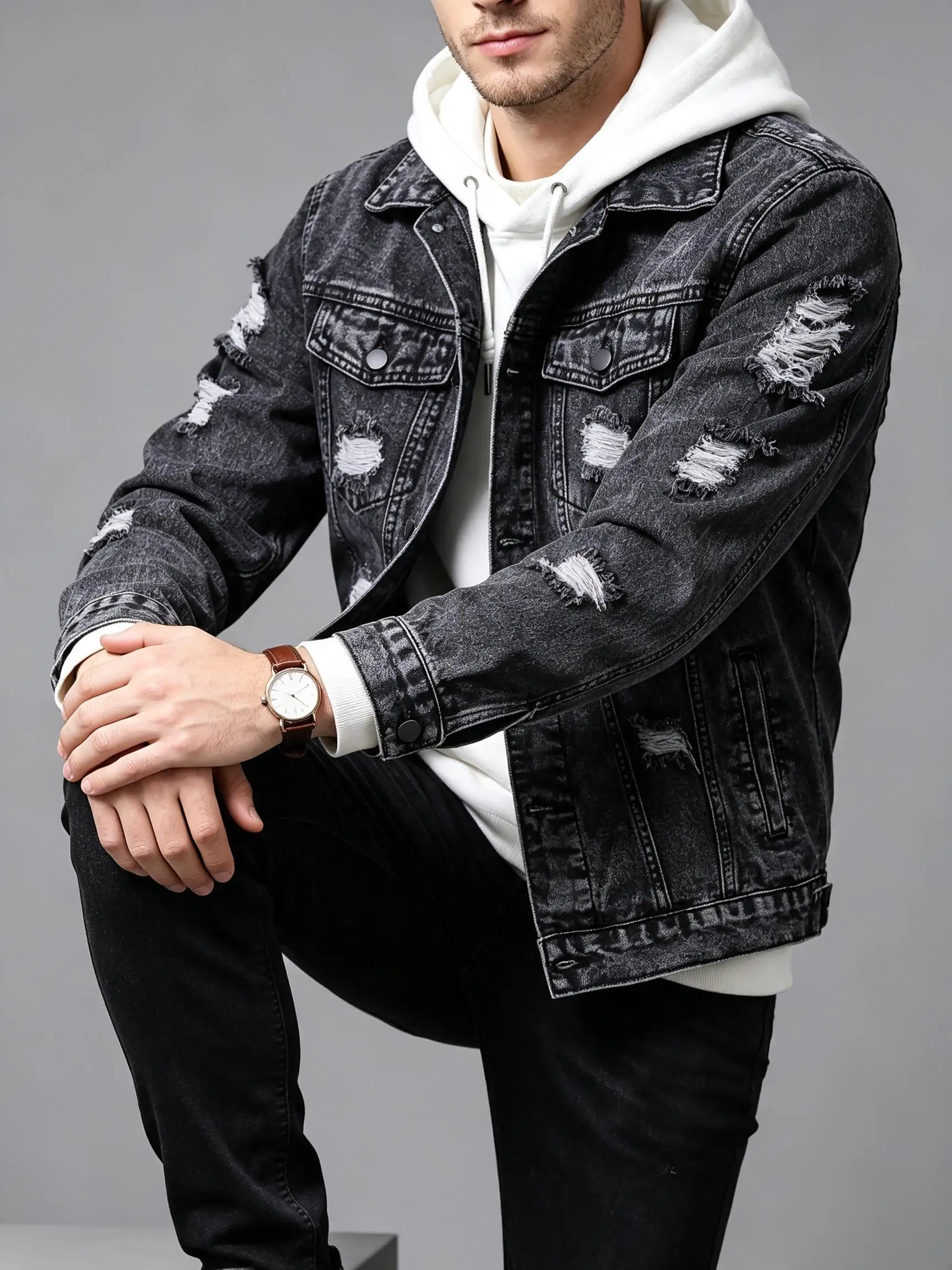 Immagine 4: Giacca in denim da uomo a vestibilità ampia con bordi sfrangiati in stile Y2K, giacca streetwear alla moda, regalo carino per il tuo partner.
