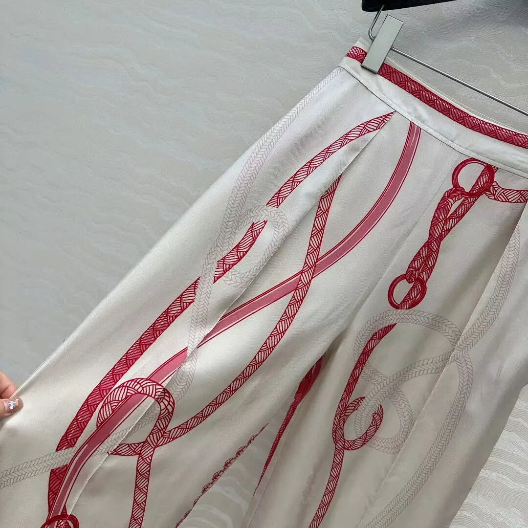 2025 New Fashion Summer 100% Silk Gray Wide Leg Pants Women Zipper Elastic High Waist Print Chain Tassel Pattern Retro Trousers