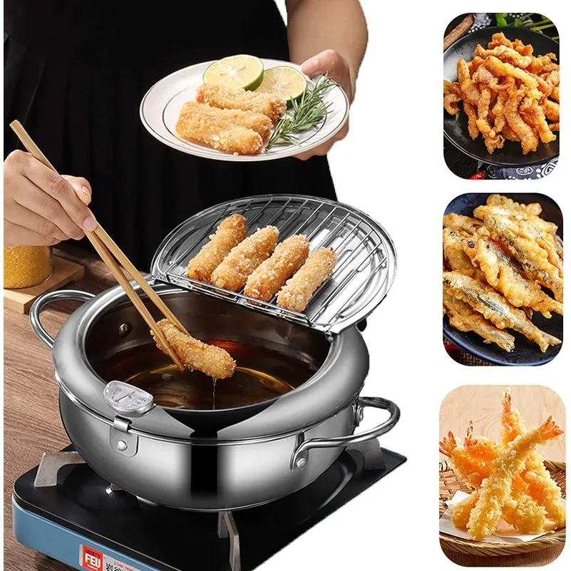 Japanese Tempura Deep Fryer Pot, Stainless Steel with Thermometer, Lid, and Oil Drip Rack for Fries, Shrimp, and Chicken Wings