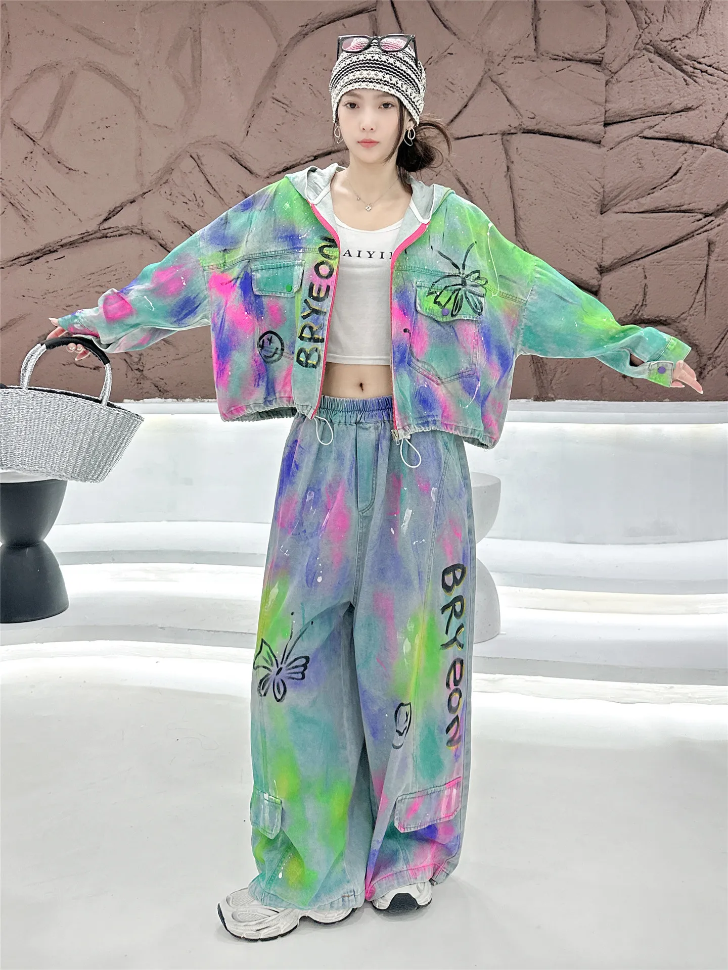 High Street Women Denim Set Green Hand-drawn Graffiti Long Sleeve Hooded Loose Cardigans Coat Elastic Waist Wide Leg Cargo Pants