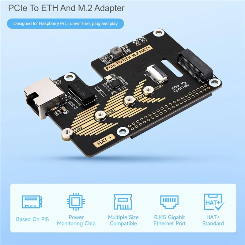 

Micro-Snow Berry Pi 5 PCLE для платы передачи Gigabit Ethernet/M.2 HAT + стандартный антиоксидантный тонущий золотой
