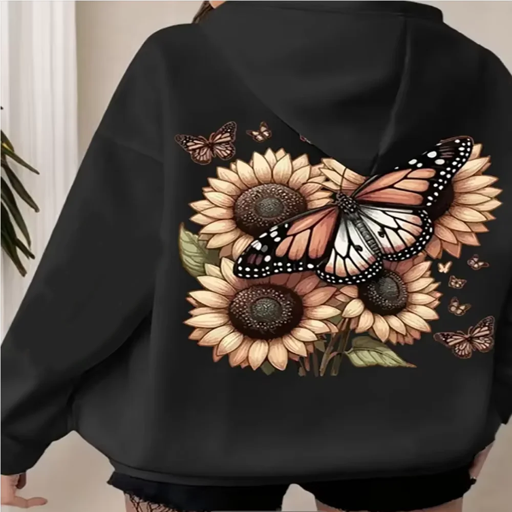 

Relaxed Fit Oversized Hoodie Women's Casual Long Sleeve Pullover with Sunflower & Butterfly Print Machine Washable All-Season