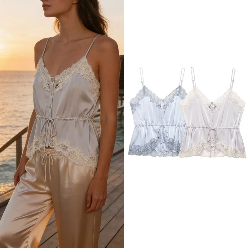 Top Feminino com Renda e Textura de Cetim, Alças Finas, Elegante e Personalizado, Nova Coleção Primavera Verão 2026