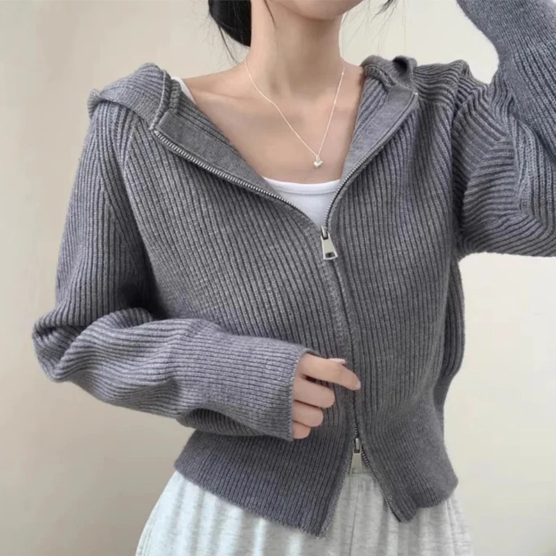 Chic Autumn Winter Knitted Sweater Jaet Women's Soft Gentle Collar Double Zipper Design Slimming Stripes Versatile Outerwear