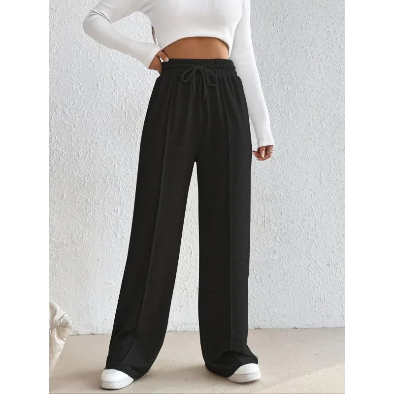 حجم كبير 1XL-5XL المرأة فضفاضة تناسب واسعة الساق الرياضة بناطيل كاجوال بلون مرونة الخصر الرباط Sweatpants مع جيوب
