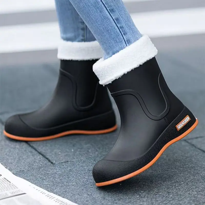 Women\'s High Top Flat Sole Slip-On Rain Boot Soft Sole Non Slip Waterproof Detachable Cotton Cover Kitchen Work Shoe Garden Shoe