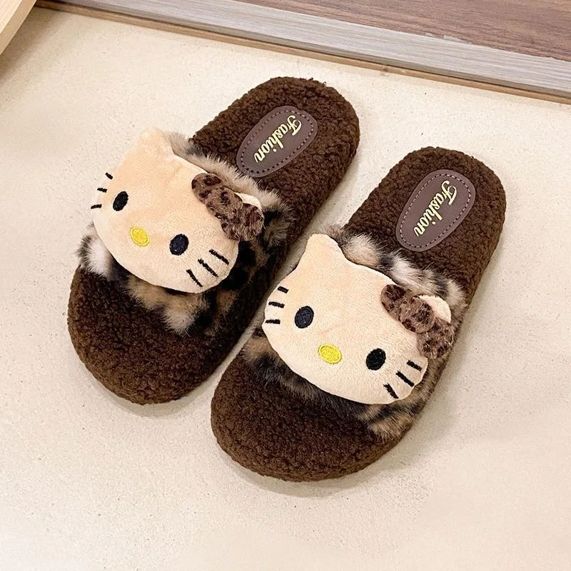 

Sanrio Kawaii Hello Kitty Leopard Print Slippers Cute Home Plush Slippers Fashion Casual Outdoor Ladies Slippers Birthday Gifts