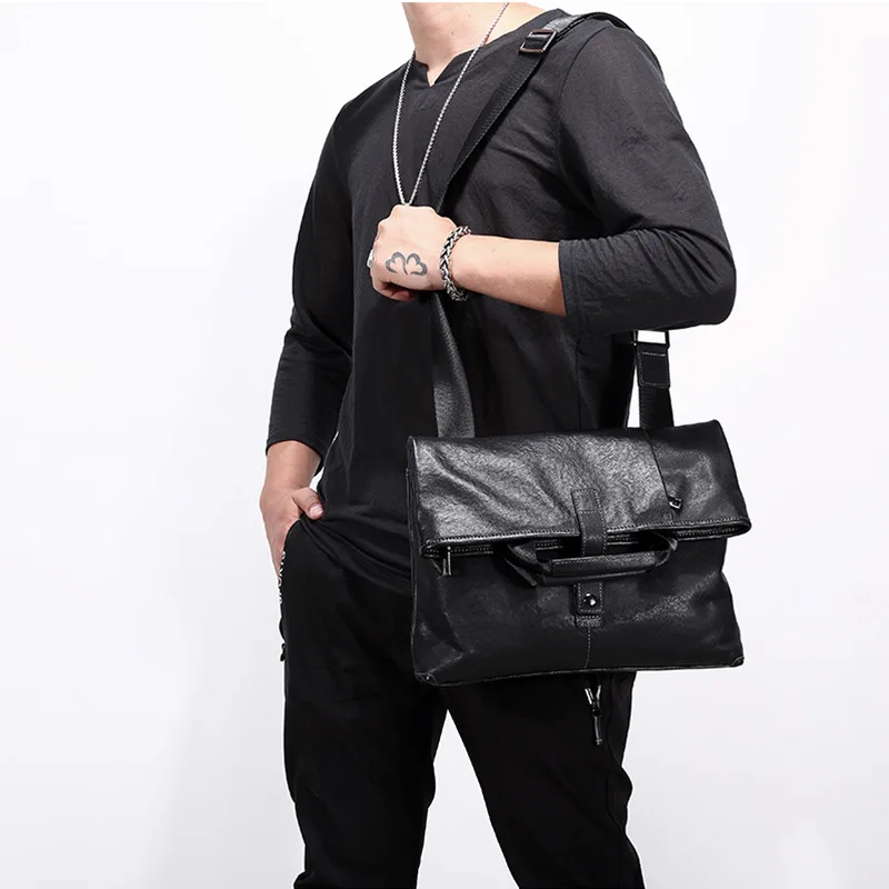 

Real leather men's large capacity shoulder bag Clamshell square flat storage multi - purpose handheld diagonal span bag