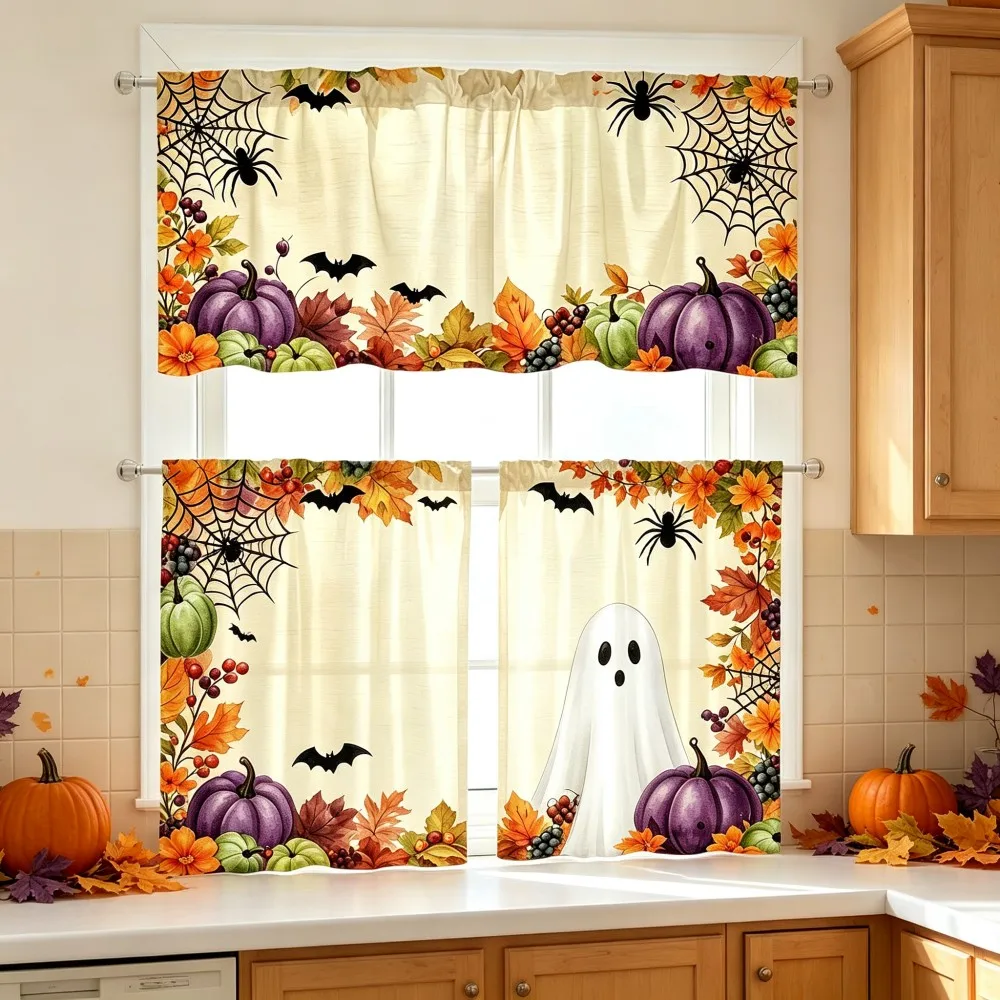 Halloween Kitchen Curtains, Purple Pumpkin Ghost Bat, Digital Print, Kitchen Dining Room, Rod Pocket Polyester, Home Decor