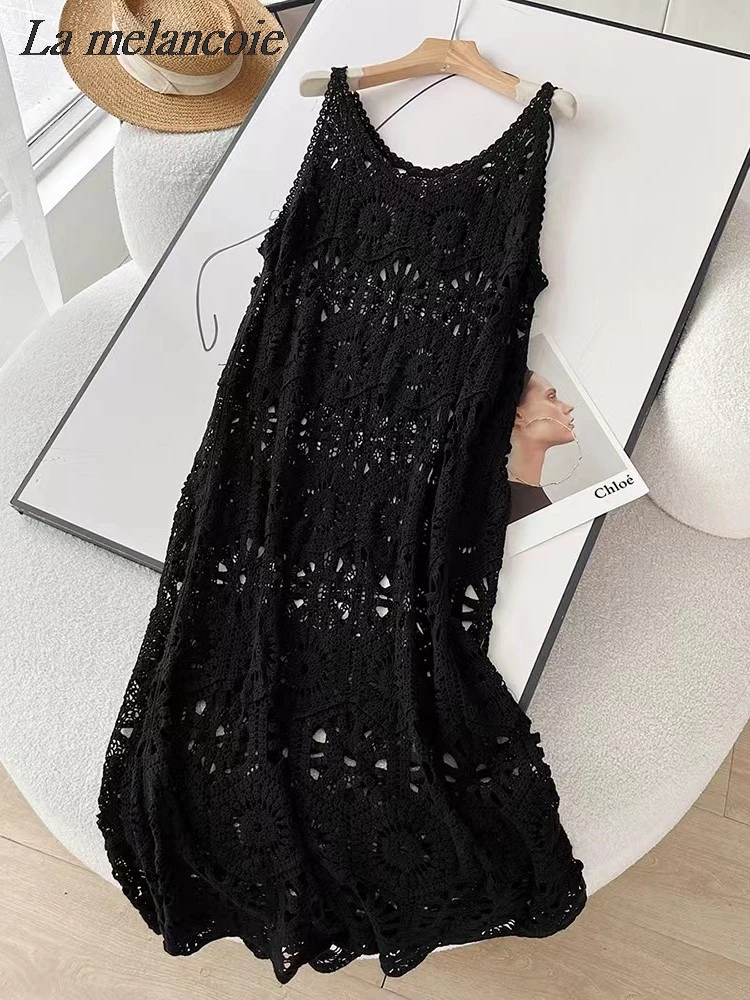 Retro Hook Flower Hollow Knitted Strap Dress For Women Sleeveless Sheer Longline Dresses Summer 2024 Beach Vacation Long Dress