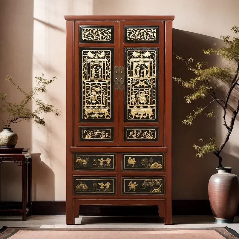 Chinese Style Solid Wood Carved Flower Two Door Storage Cabinet Retro Shoe Bookcase Hand Painted Decorative Wardrobe Antique