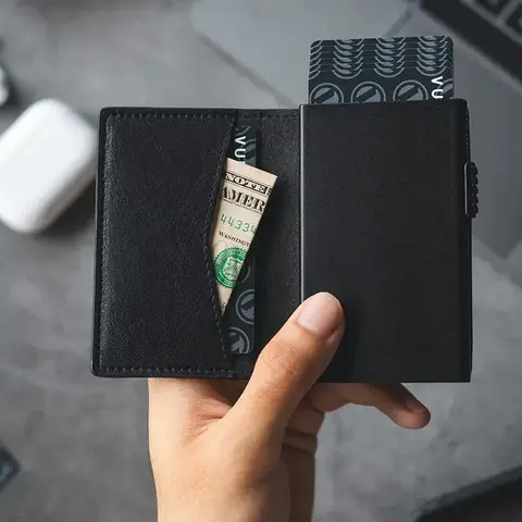 Black Slim Thin  Men's Credit Card Holder Luxury Smart Wallet Rfid Blocking Microfiber Leather Business Card Holder Card Clips