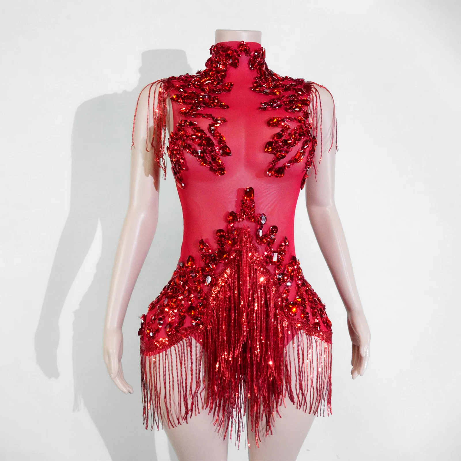 New Stage Performance Golden Sequined Tassel Highneck Fitted Jumpsuit Birthday Party Dance Outfit Video Shooting Costume Change