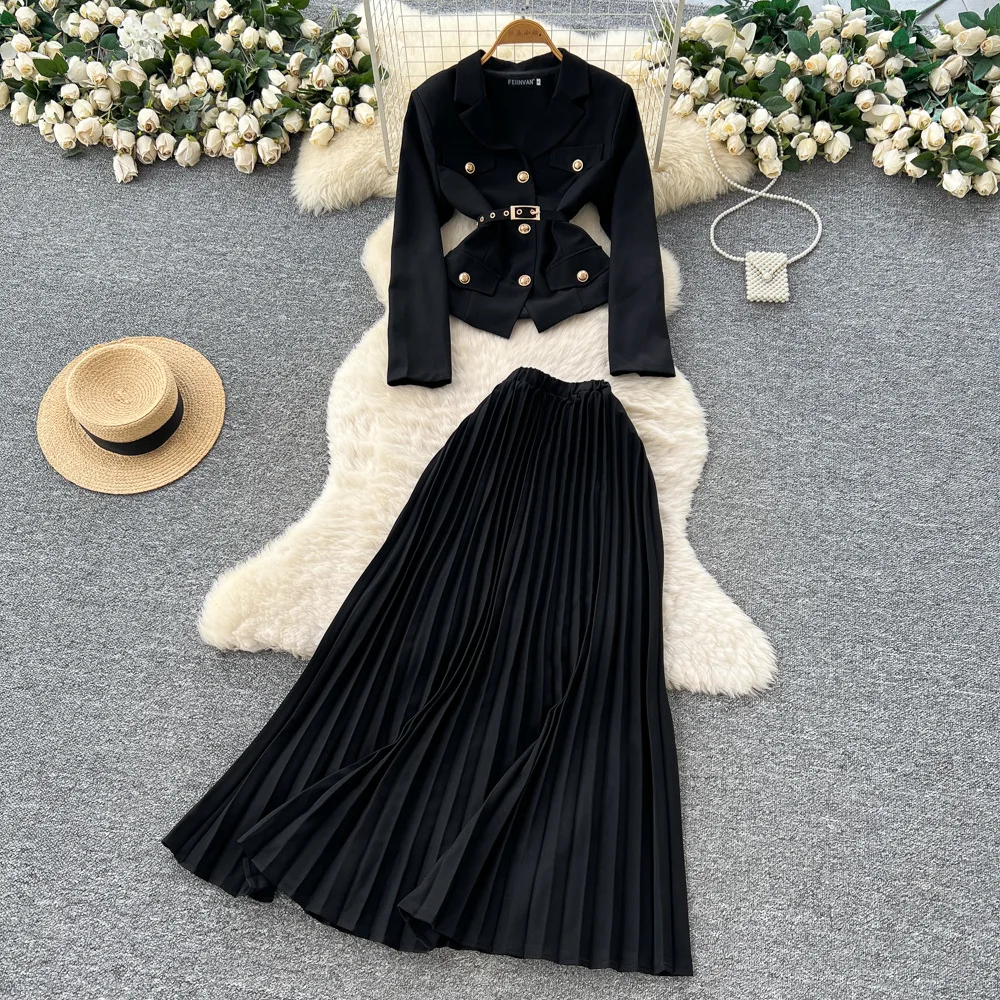 

Two Pieces Women Dress Set Solid Matching Sets Belted Turn Down Collar Top Ankle Lenth Pleated Skirt Slim Elegant 2025 Autumn