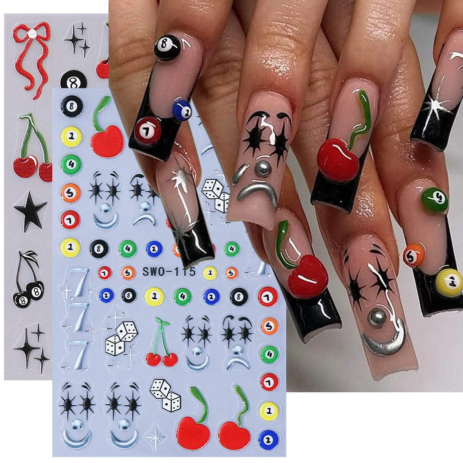 2 stücke Halloween Clown Designs Nagel Aufkleber 5D Nette Kirsche Bogen Billard Stern Selbstklebende Nagel Aufkleber DIY Maniküre Dekoration Sliders