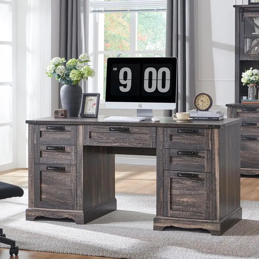 

Рабочий стол Rustic Oak 60 Executive с ящиками, зарядной станцией, выдвижной полкой для клавиатуры и шкафом для хранения