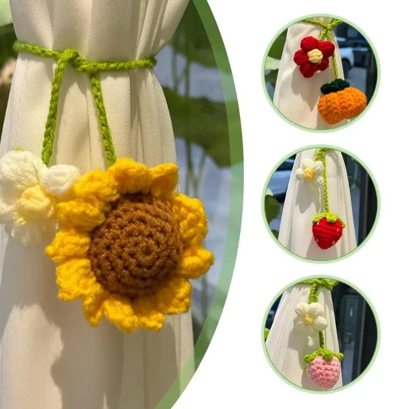 1PCS Hand Crocheted Strawberry Sunflower Curtain Tiebacks For Auto Mirror Hanging Decor Cotton Yarn Craft Car Accessories Gifts