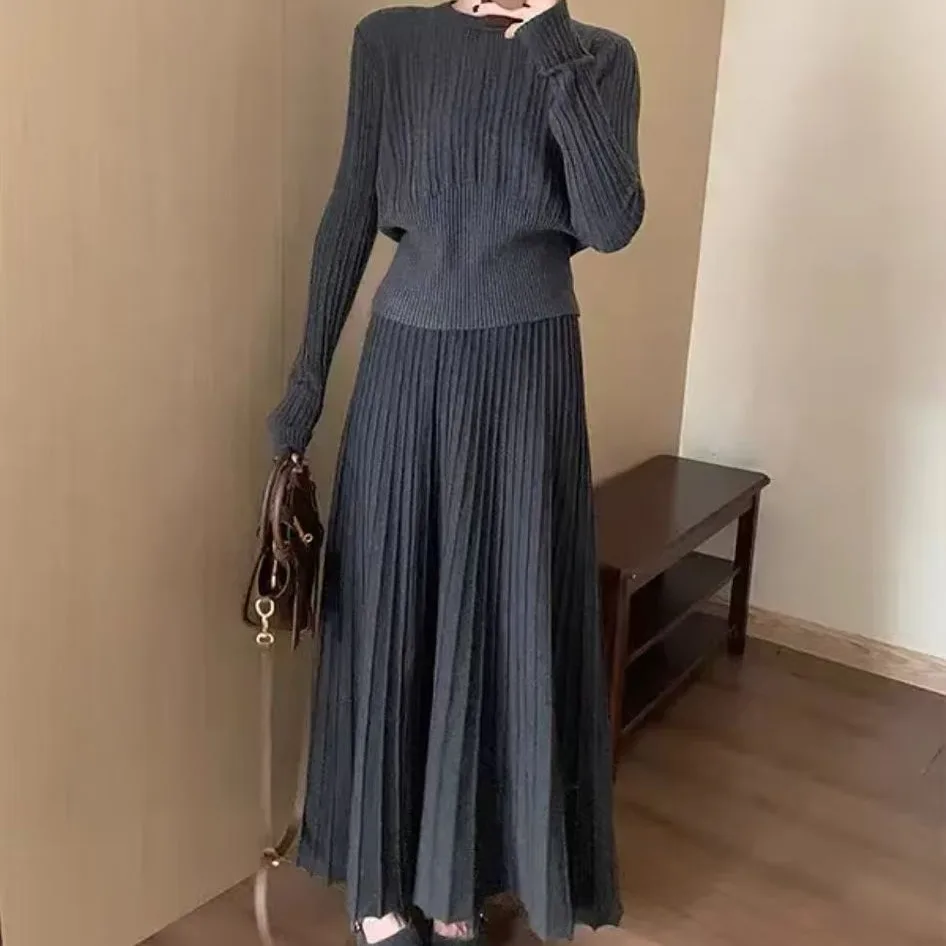 Koreanische Sle Hohe Taille Gestrickte runde Ne Gestreiften Top Und Rock Zwei Stück Set frauen Faion Herbst Winter Kollektion