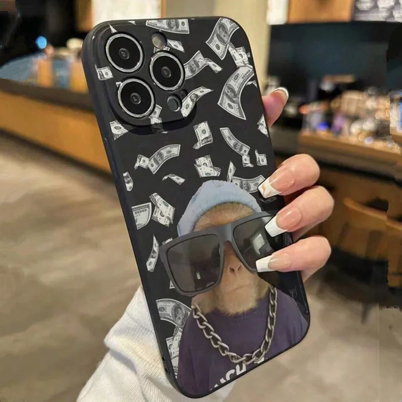 Funda para iPhone 11 12 13 14 15 16 Pro Max XS X XR 7 8 Plus SE 2020 2022 con estampado de mono y dinero 4