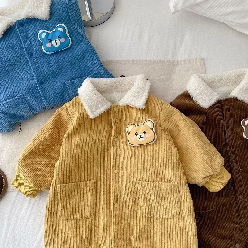 Fashion Newborn Baby Corduroy Romper 0-2Years Infant Boy Girl Long Sleeve Turn Down Collar Fleece Thicken Warm Outwear Clothes