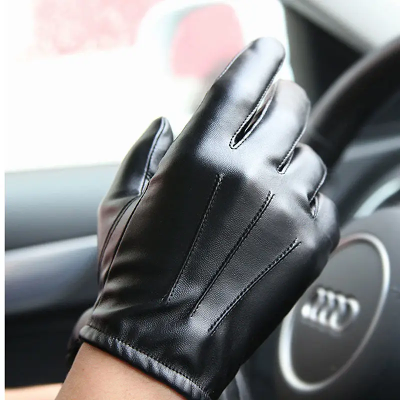 Touch Screen Leather Gloves Men\'s Winter Warm Velvet Lining Gloves Outdoor Windproof Motorcycle Riding Car Driving Safety Gloves